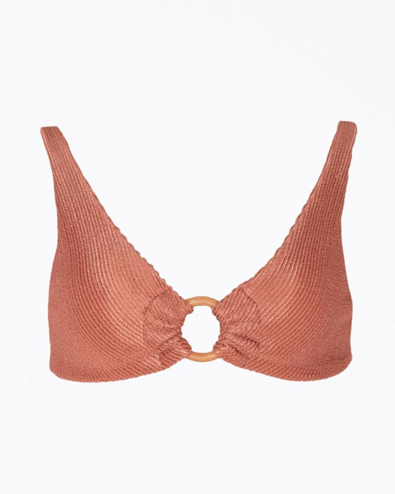Front of a model wearing a size L Rebecca Ribbed O-Ring Bikini Top In Blush in Blush by SOAH. | dia_product_style_image_id:357530